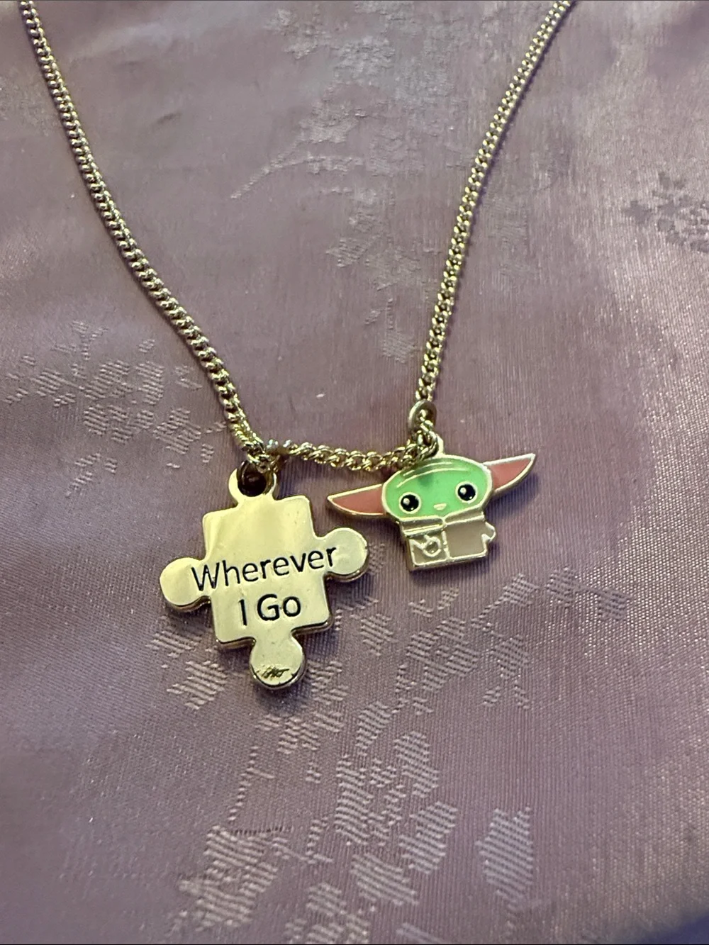 Kids Silver Puzzle Charm Necklace with Green Character Pendant by Disney